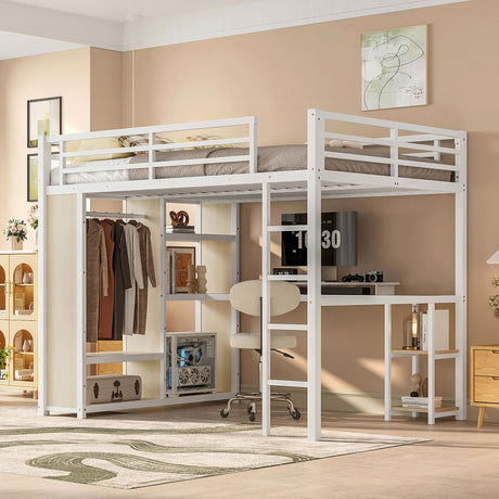 Queen Size Loft Bed with Built-In Wardrobe, Desk, and Storage Shelves
