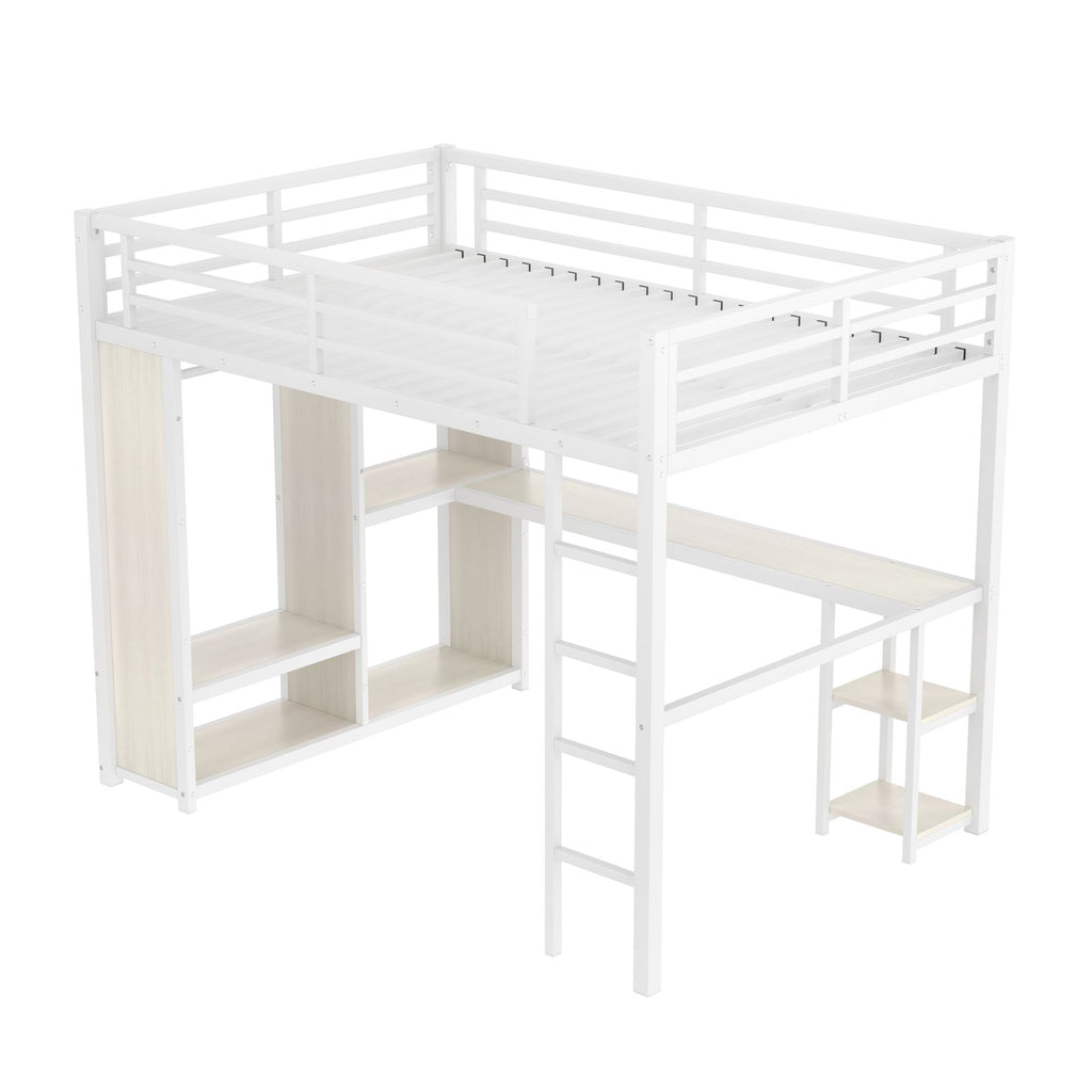 Queen Size Loft Bed with Built-In Wardrobe, Desk, and Storage Shelves