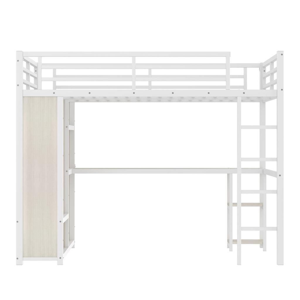 Queen Size Loft Bed with Built-In Wardrobe, Desk, and Storage Shelves