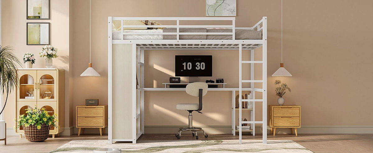 Queen Size Loft Bed with Built-In Wardrobe, Desk, and Storage Shelves