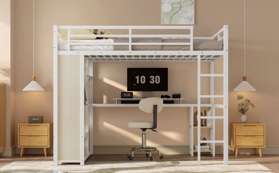 Queen Size Loft Bed with Built-In Wardrobe, Desk, and Storage Shelves