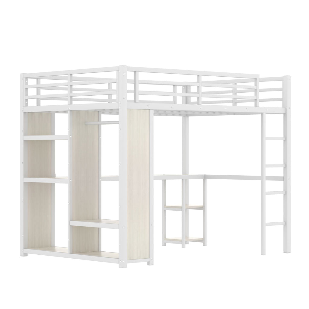 Queen Size Loft Bed with Built-In Wardrobe, Desk, and Storage Shelves