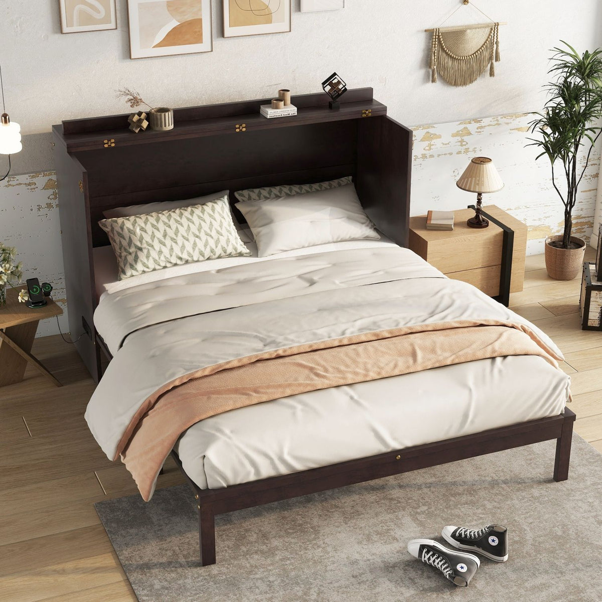 Espresso Queen Murphy Cabinet Bed with Charging Station