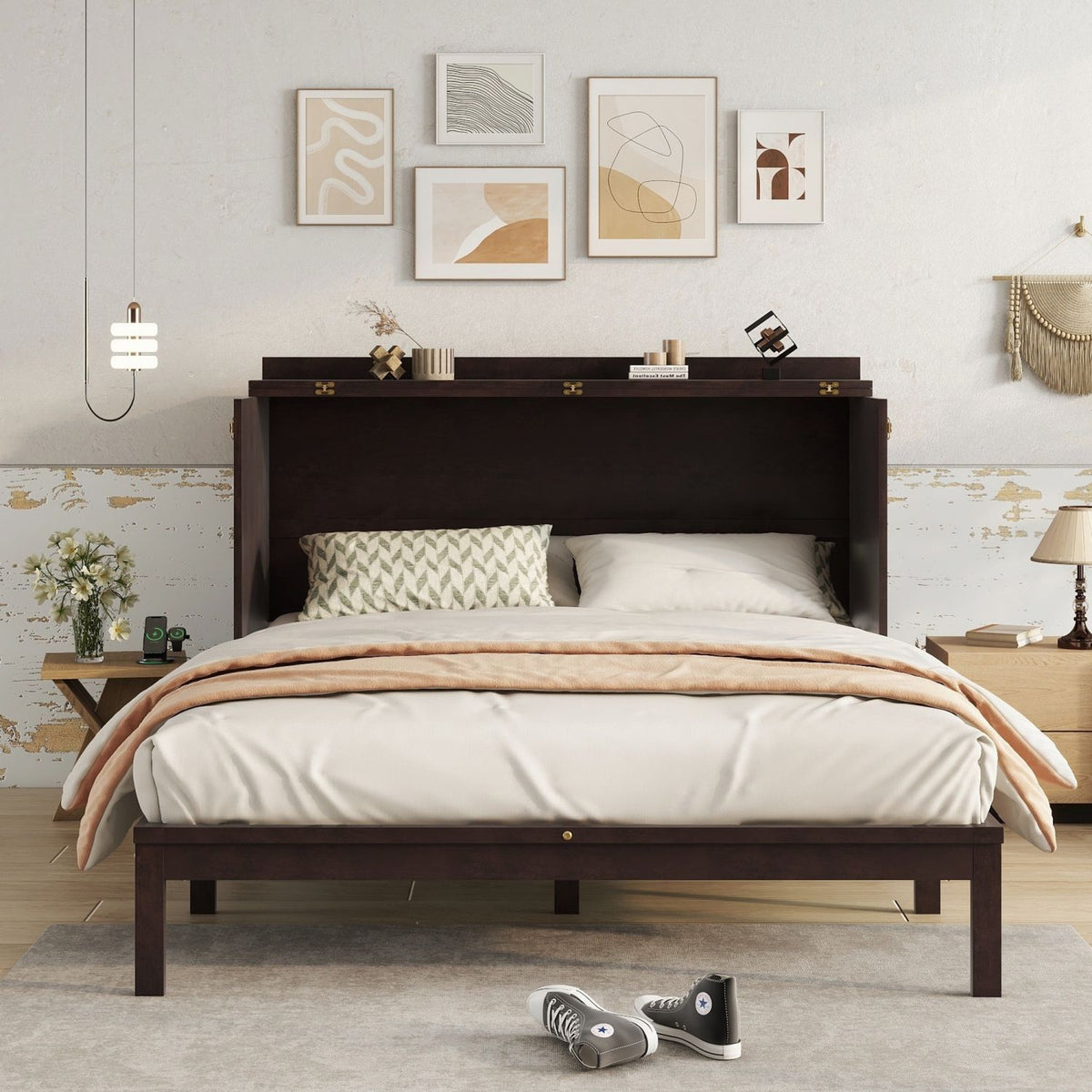 Espresso Queen Murphy Cabinet Bed with Charging Station