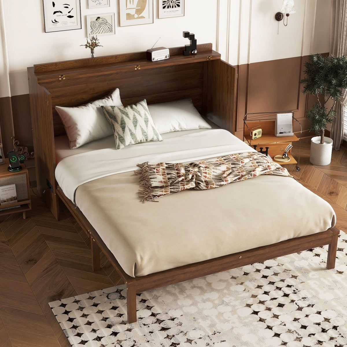 Murphy Cabinet Bed with Charging Station and Rattan Detail