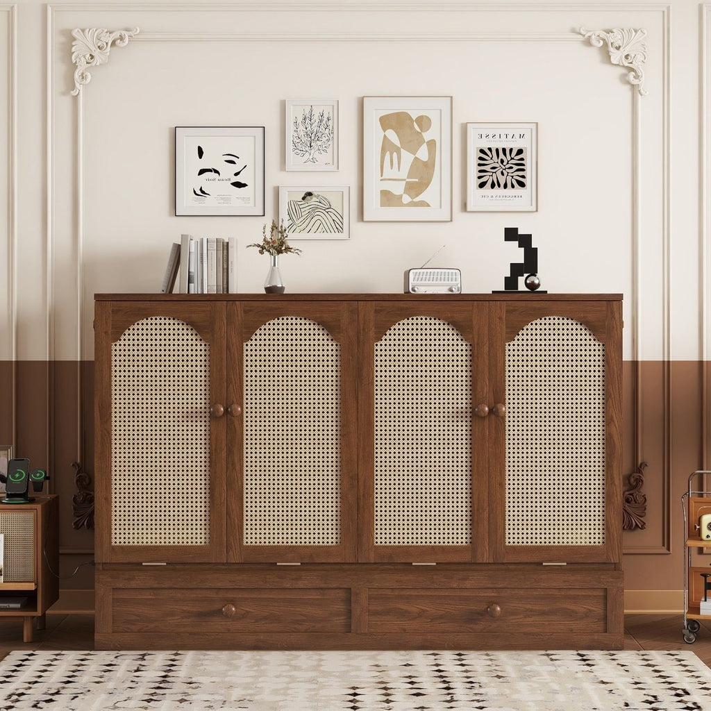 Murphy Cabinet Bed with Charging Station and Rattan Detail