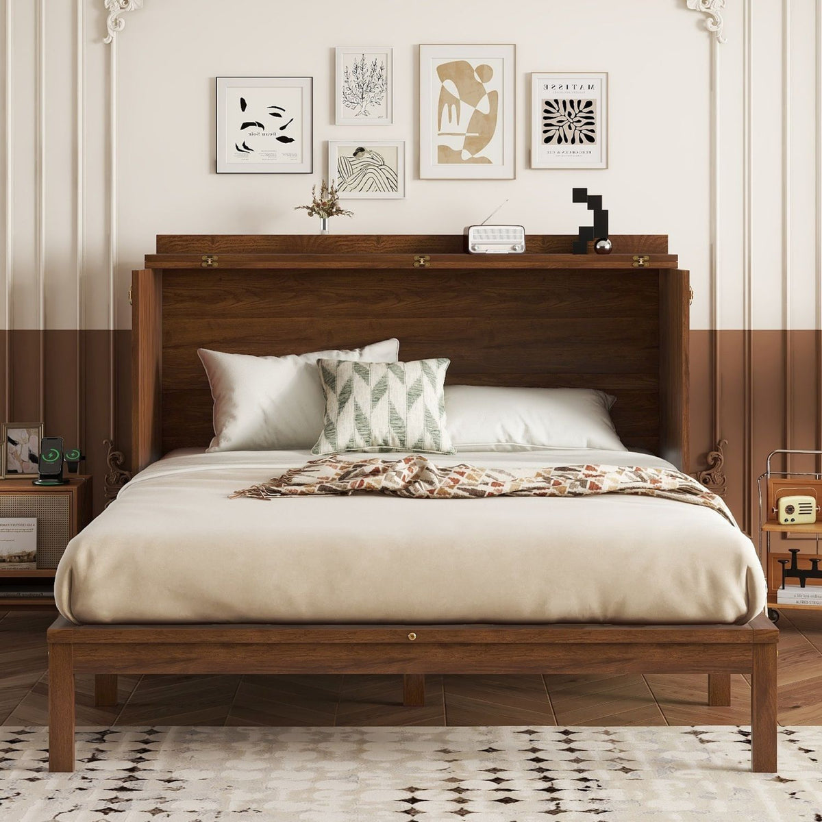 Murphy Cabinet Bed with Charging Station and Rattan Detail