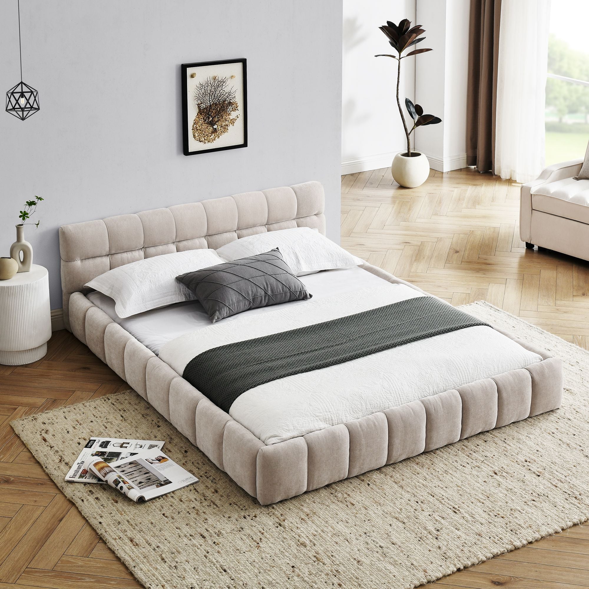 Queen Size Upholstered Bed Frame with Thick Fabric, Chenille Fabric Grounded Queen Size