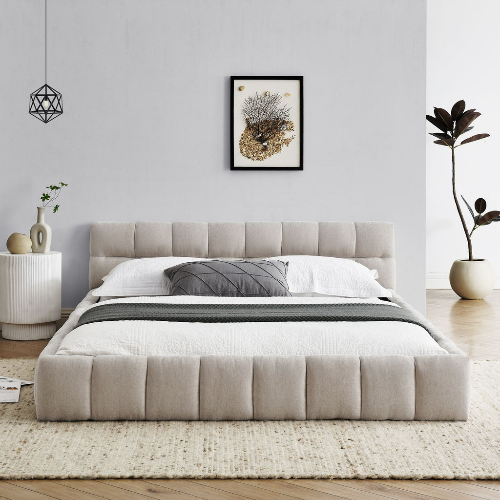 Queen Size Upholstered Bed Frame with Thick Fabric, Chenille Fabric Grounded Queen Size
