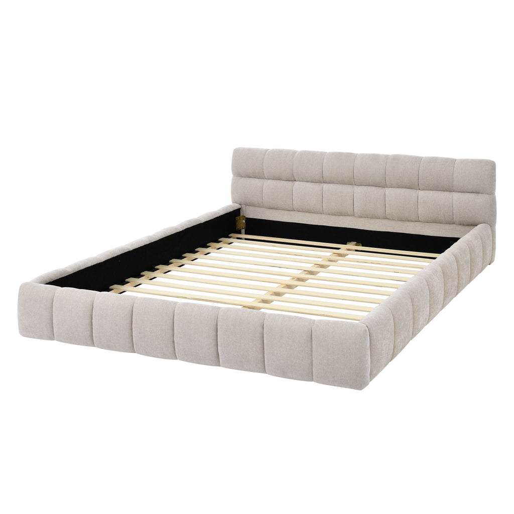 Queen Size Upholstered Bed Frame with Thick Fabric, Chenille Fabric Grounded Queen Size