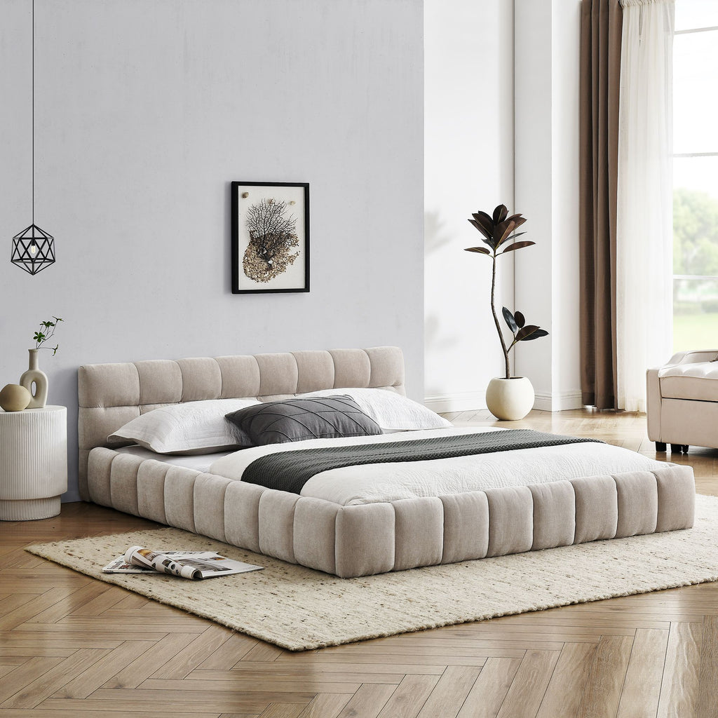 Queen Size Upholstered Bed Frame with Thick Fabric, Chenille Fabric Grounded Queen Size