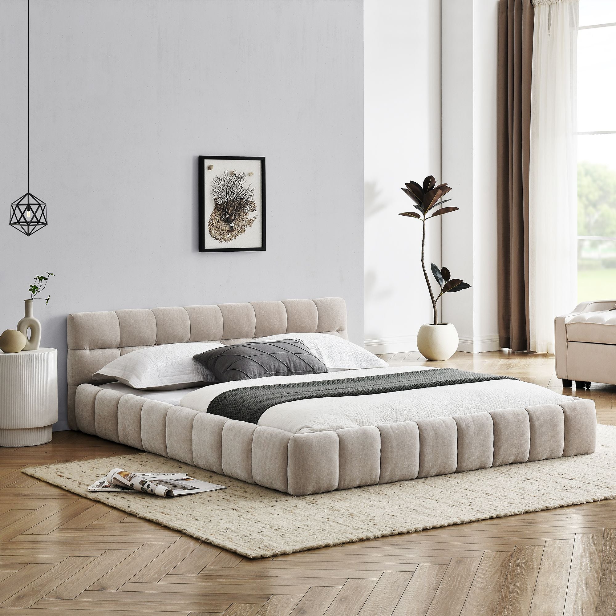 Queen Size Upholstered Bed Frame with Thick Fabric, Chenille Fabric Grounded Queen Size