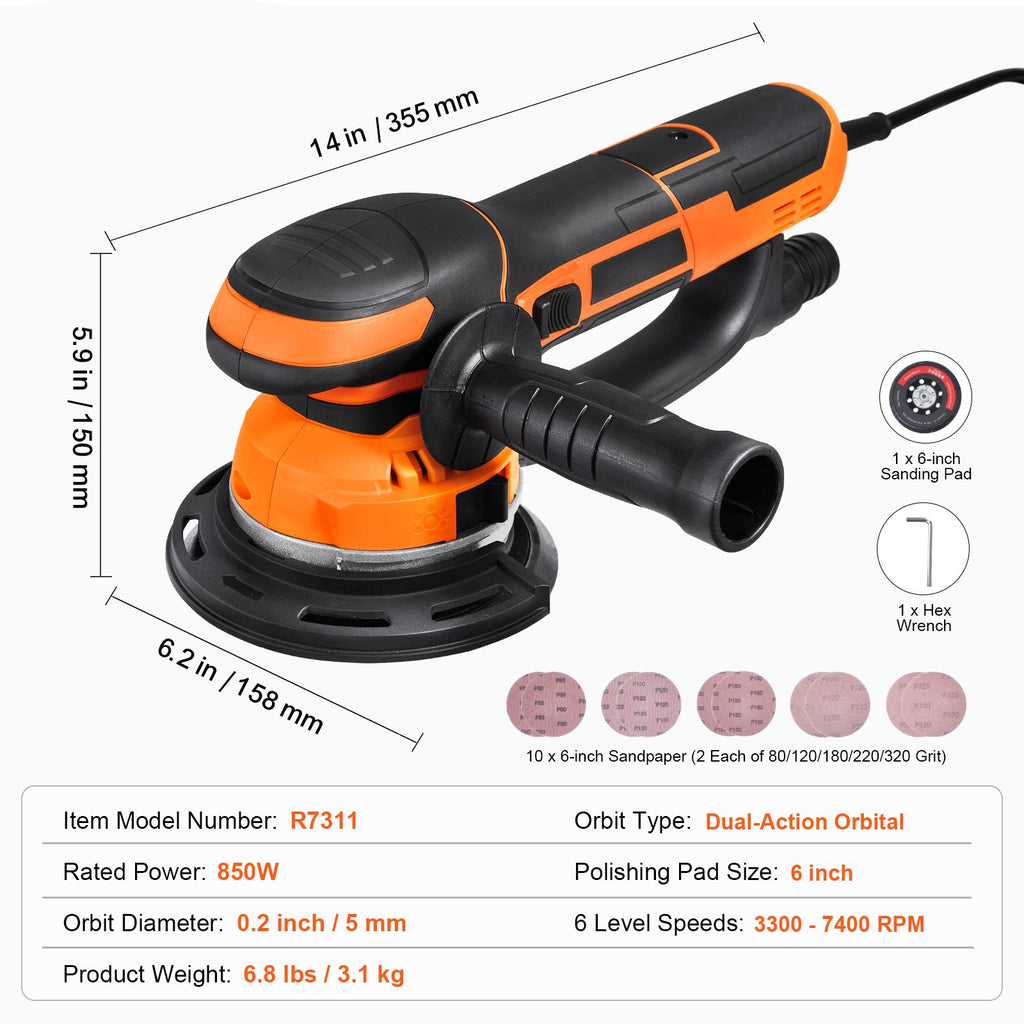 Professional 6- Random Orbital Sander with Dual-Action Mode and Variable Speed