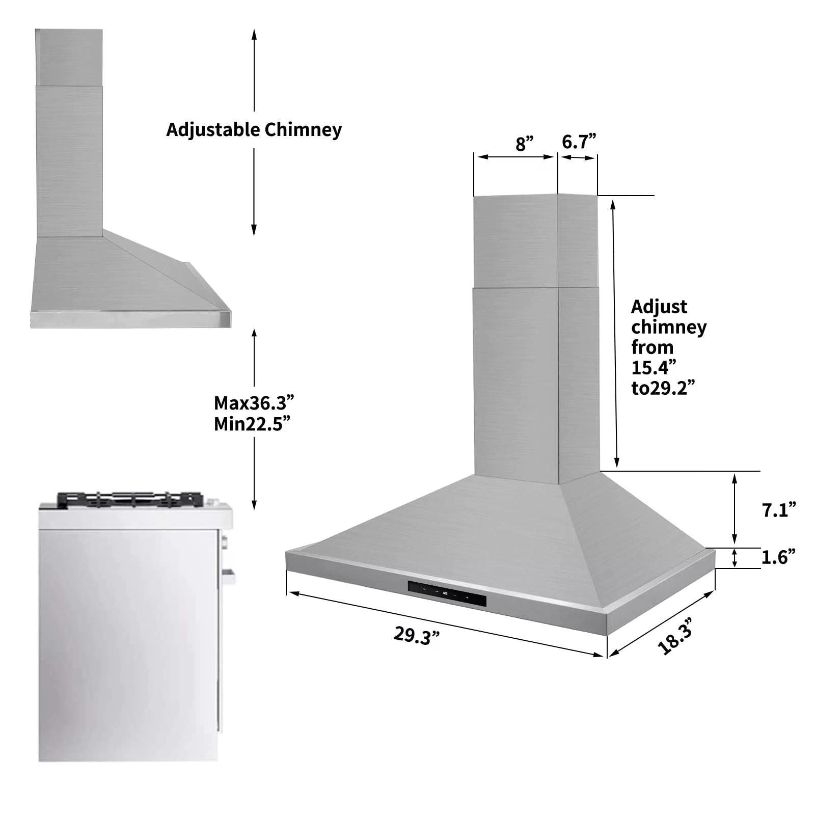 450 CFM 30- Stainless Steel Range Hood with Touch Control and LED Lighting