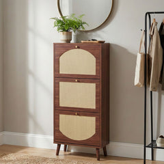 Tall Flip-Down Shoe Cabinet with Natural Woven Front