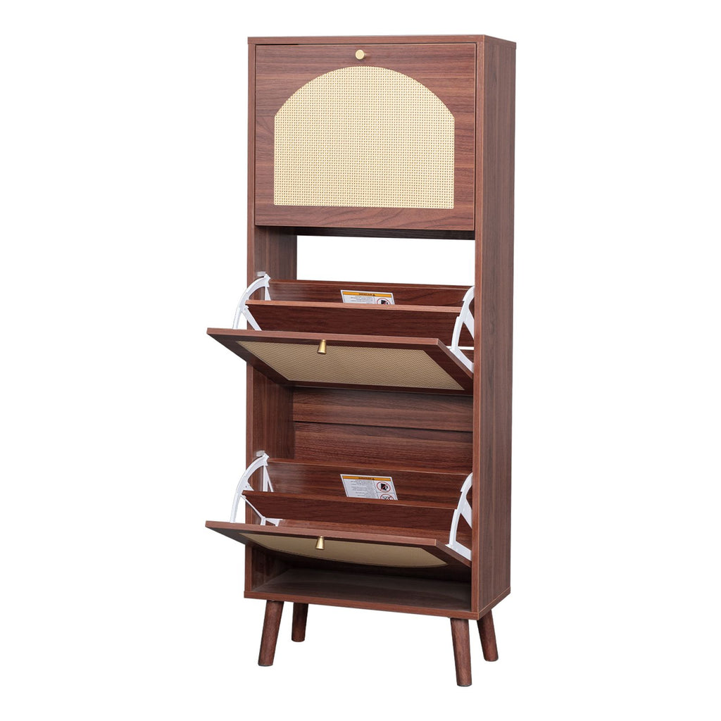 Tall Flip-Down Shoe Cabinet with Natural Woven Front