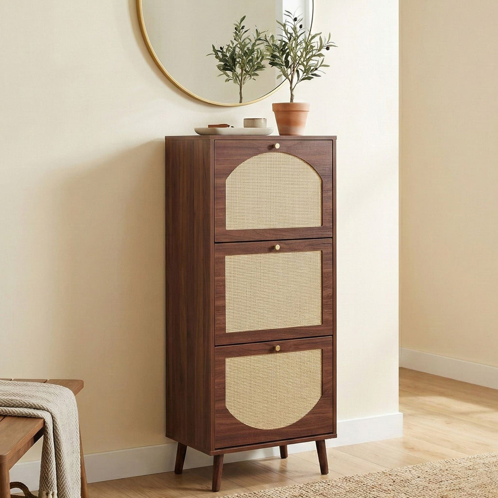 Tall Flip-Down Shoe Cabinet with Natural Woven Front