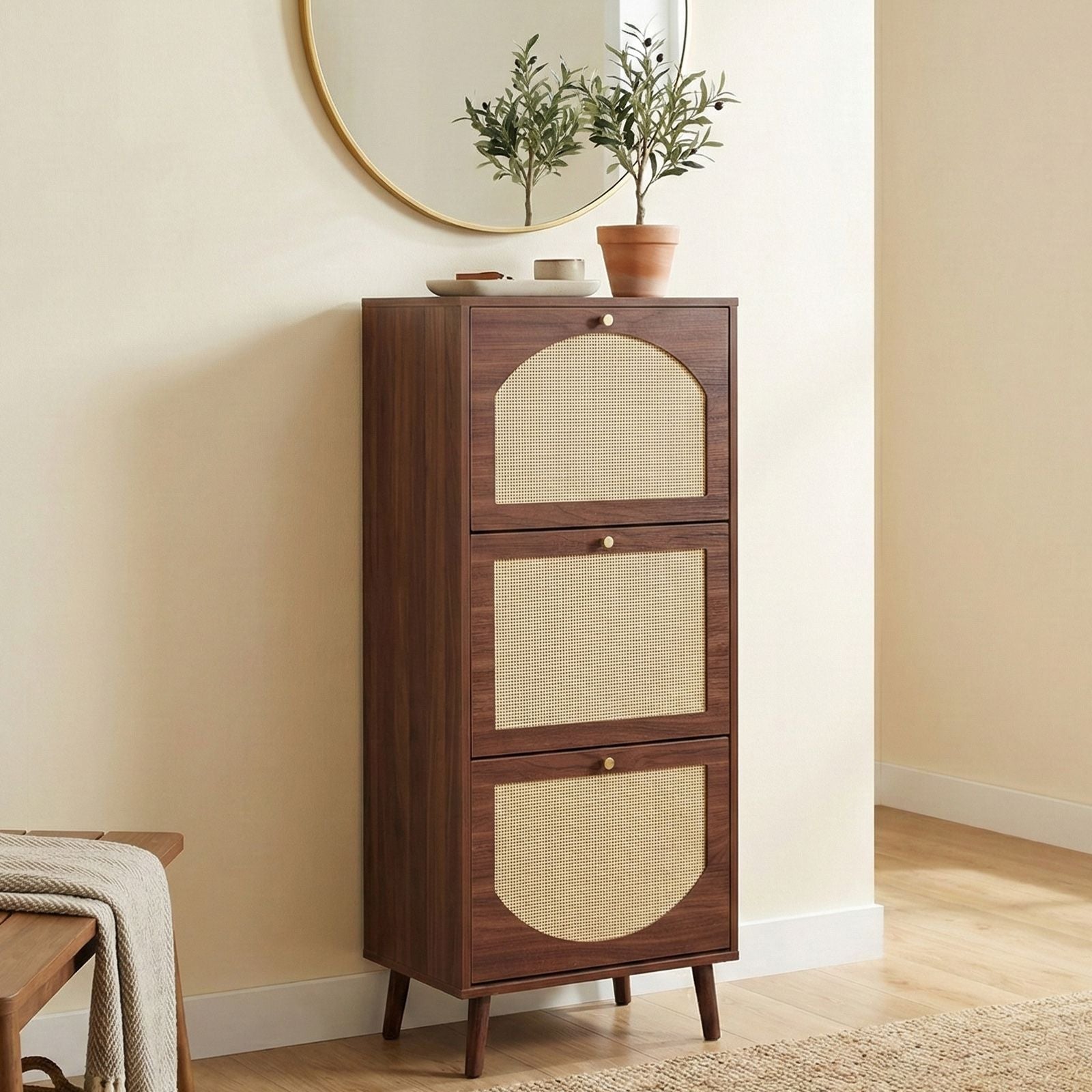Tall Flip-Down Shoe Cabinet with Natural Woven Front