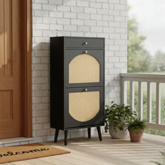 Rattan-front shoe cabinet with 1 drawer and 2 flip-down compartments, particleboard