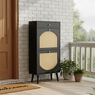 Rattan-front shoe cabinet with 1 drawer and 2 flip-down compartments, particleboard