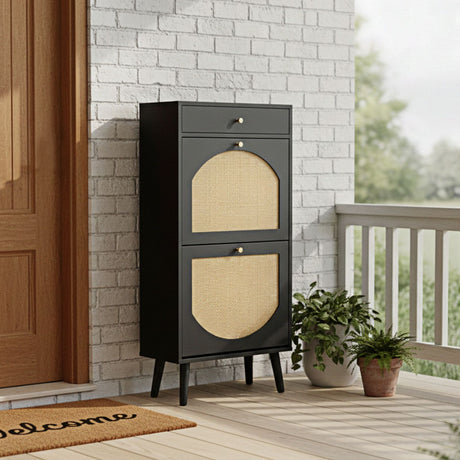 Rattan-front shoe cabinet with 1 drawer and 2 flip-down compartments, particleboard