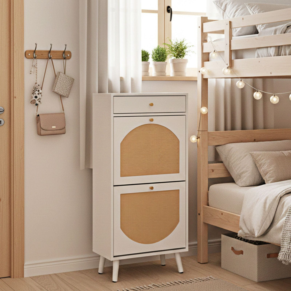 Compact White Flip-Top Shoe Cabinet with Drawer and Compartments