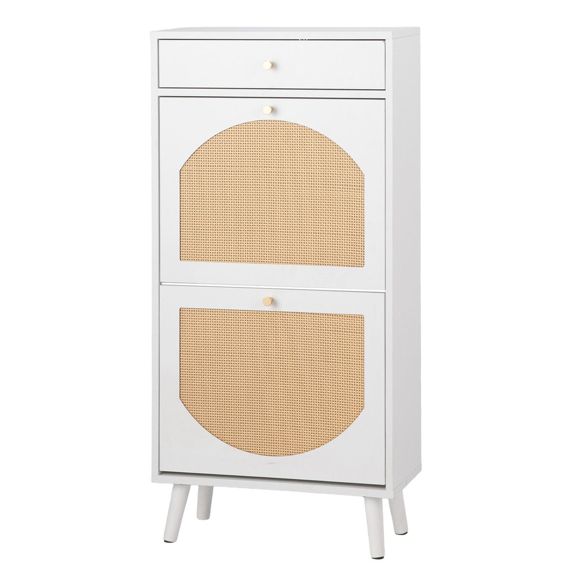 Compact White Flip-Top Shoe Cabinet with Drawer and Compartments
