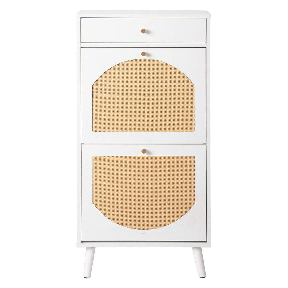 Compact White Flip-Top Shoe Cabinet with Drawer and Compartments