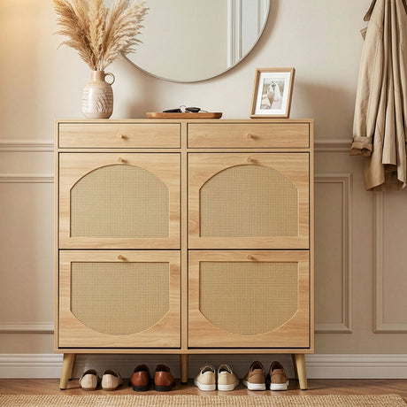 Rattan-front shoe cabinet with 2 drawers and 4 flip-down compartments, made of