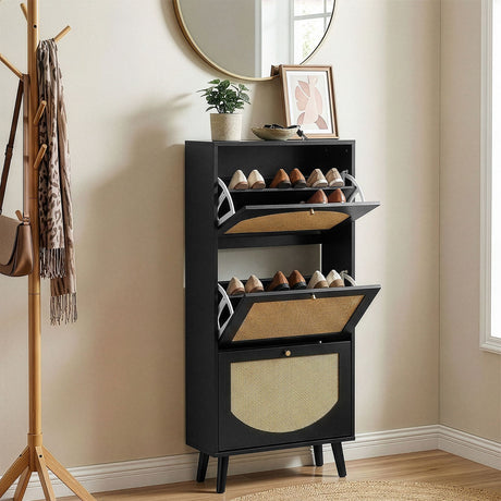 Rattan-fronted 3-tier shoe cabinet, particleboard, 54*24*, black