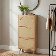 Rattan-fronted 3-tier shoe cabinet, particleboard, 54*24*, natural wood color