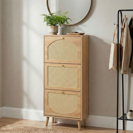 Rattan-fronted 3-tier shoe cabinet, particleboard, 54*24*, natural wood color