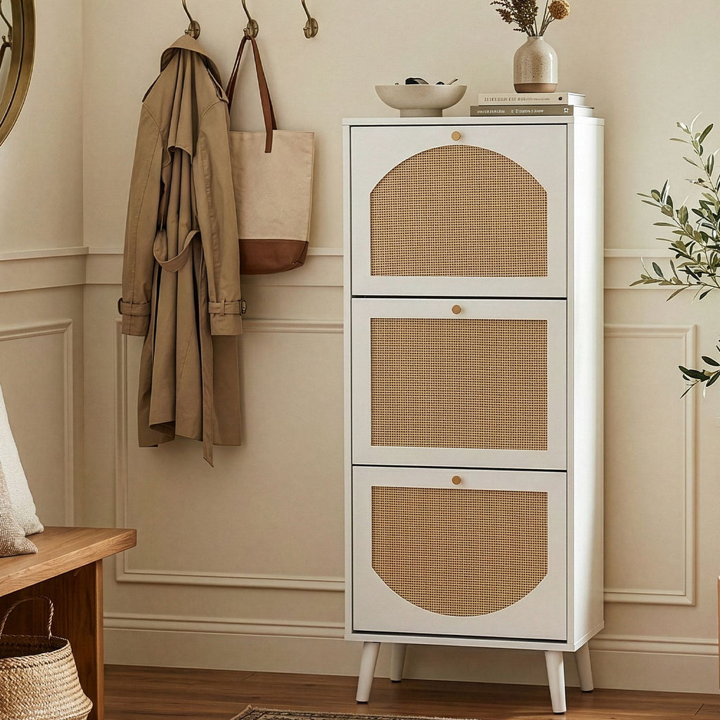 3-Tier Woven-Front Shoe Cabinet for Narrow Entryways
