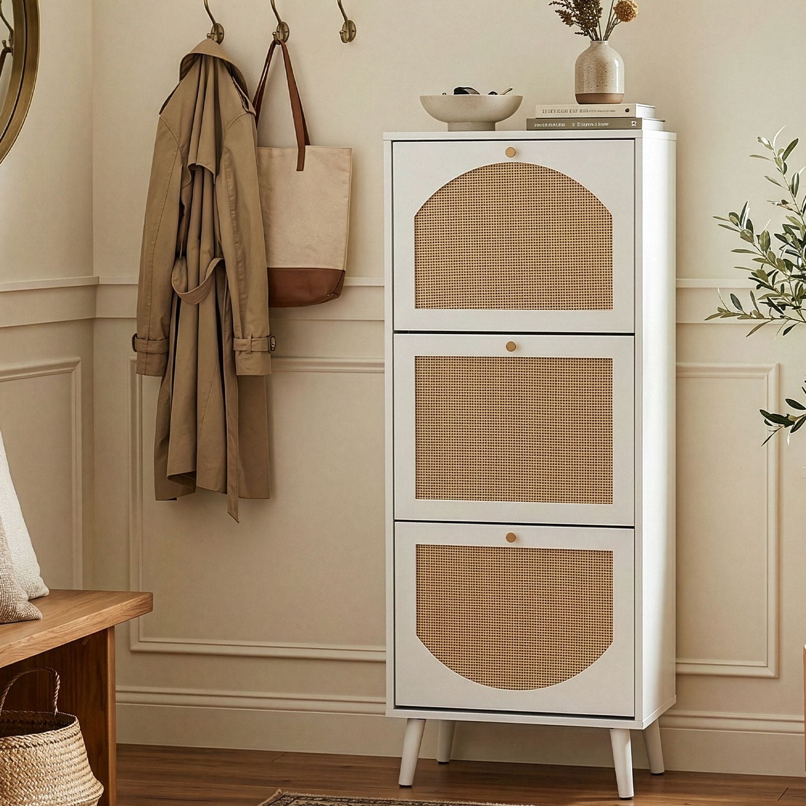 3-Tier Woven-Front Shoe Cabinet for Narrow Entryways
