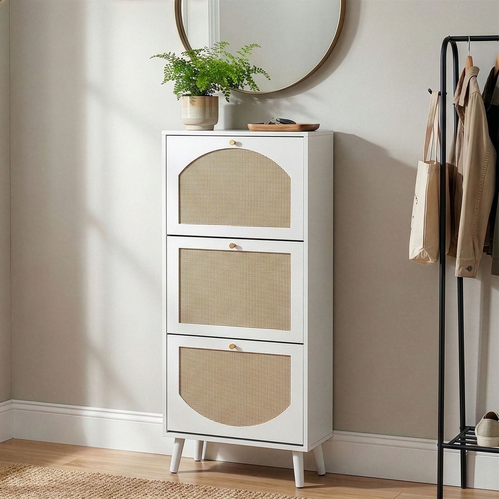 3-Tier Woven-Front Shoe Cabinet for Narrow Entryways