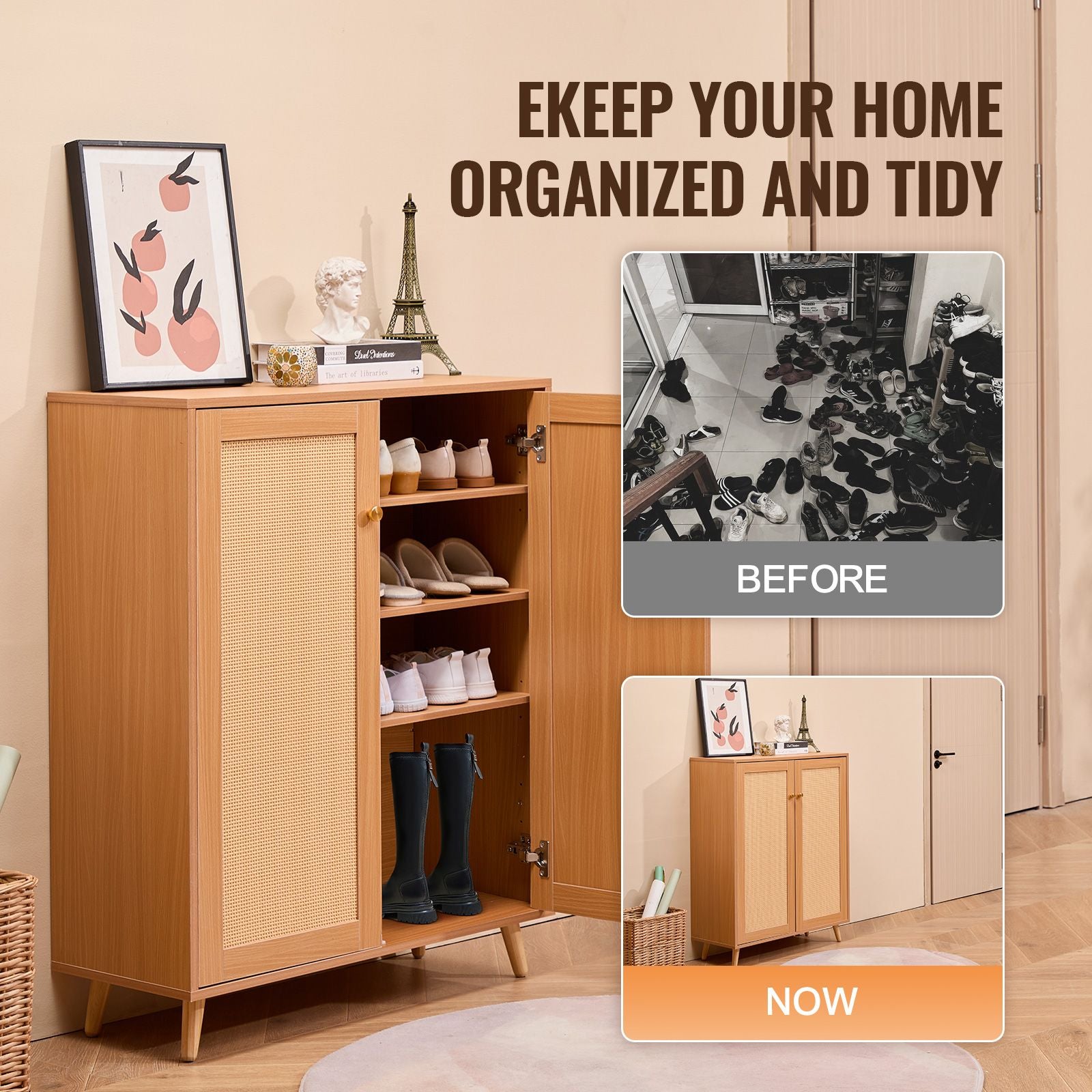 Rattan Shoe Cabinet, 5 Tiers Shoe Storage Organizer with 2 Doors and Adjustable Shelves, 40.35" Tall