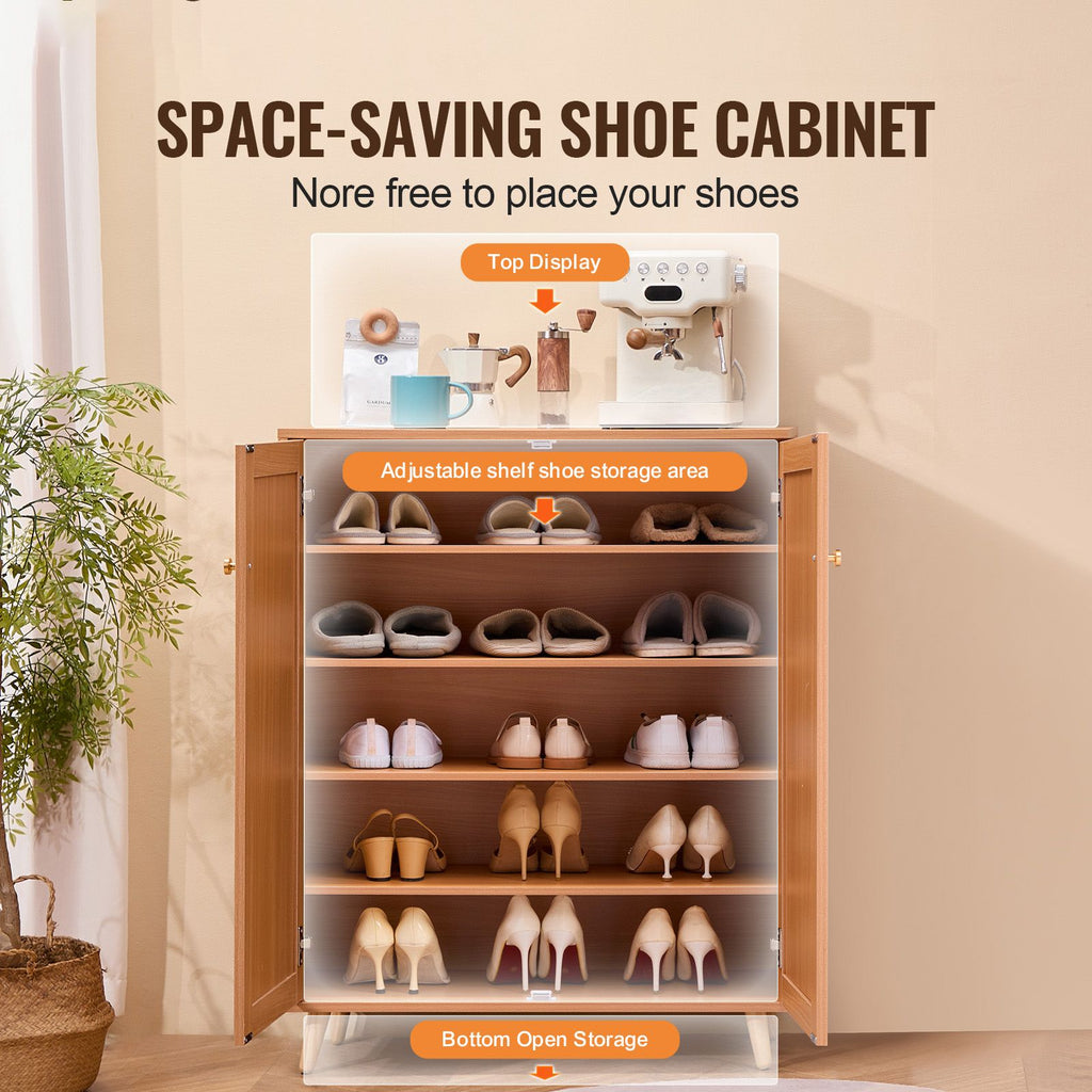 Rattan Shoe Cabinet, 5 Tiers Shoe Storage Organizer with 2 Doors and Adjustable Shelves, 40.35" Tall