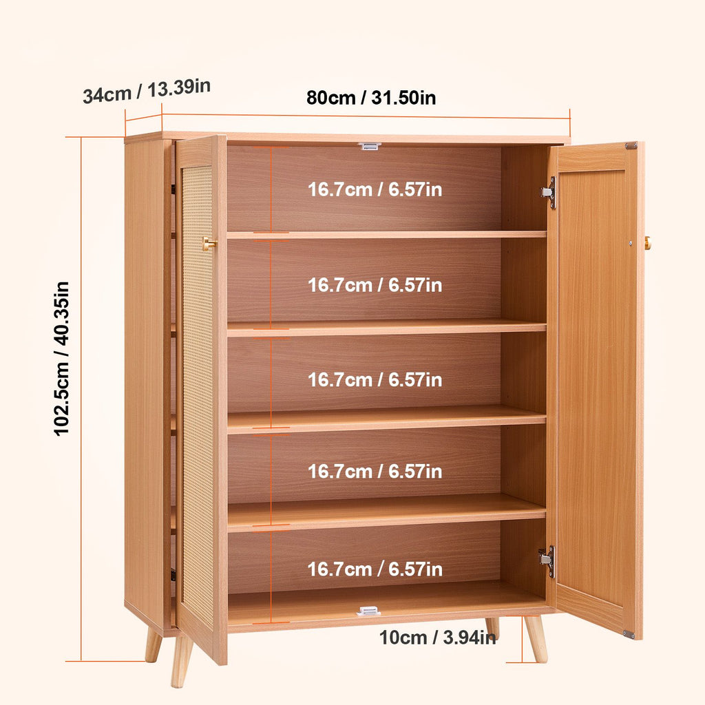 Rattan Shoe Cabinet, 5 Tiers Shoe Storage Organizer with 2 Doors and Adjustable Shelves, 40.35" Tall