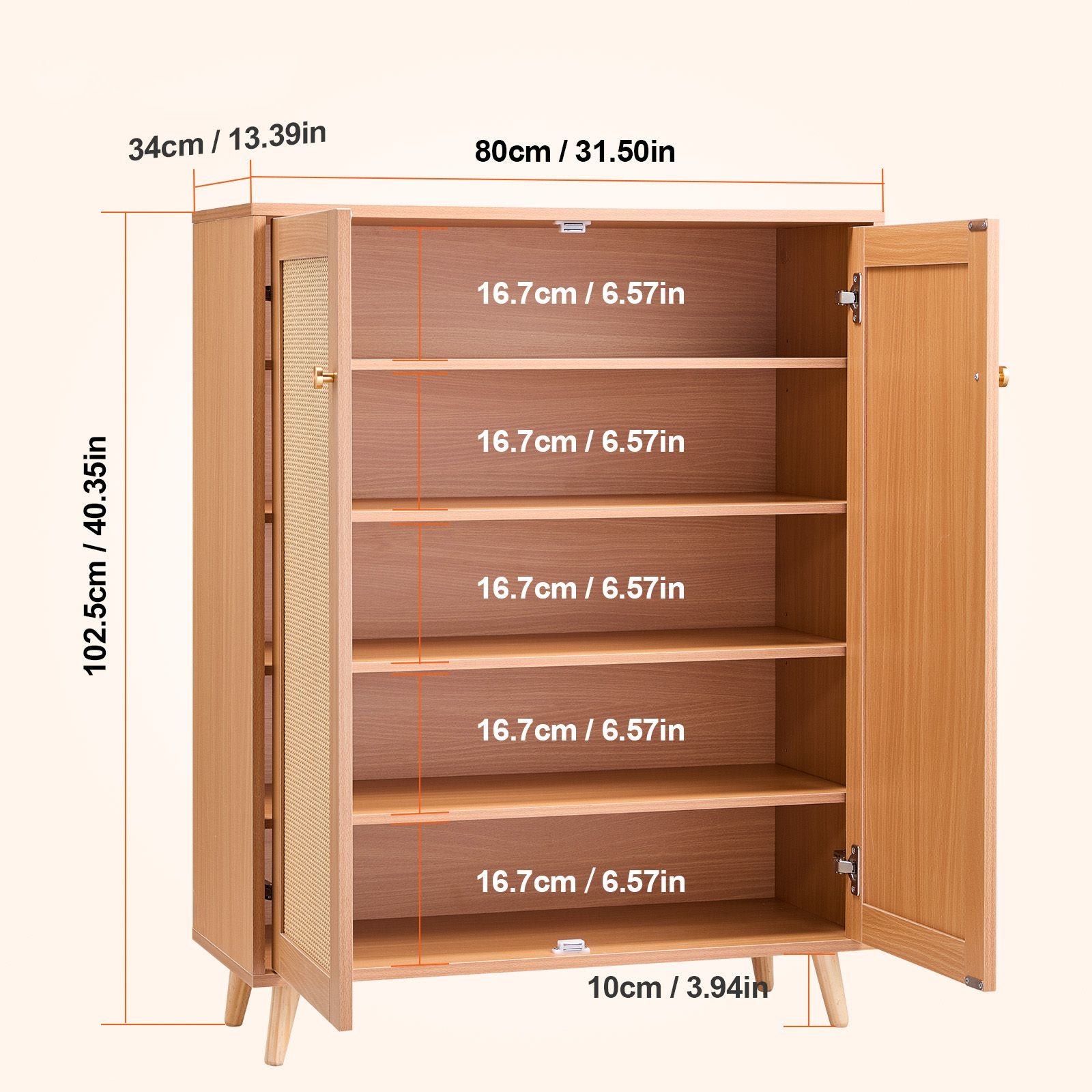 Rattan Shoe Cabinet, 5 Tiers Shoe Storage Organizer with 2 Doors and Adjustable Shelves, 40.35" Tall