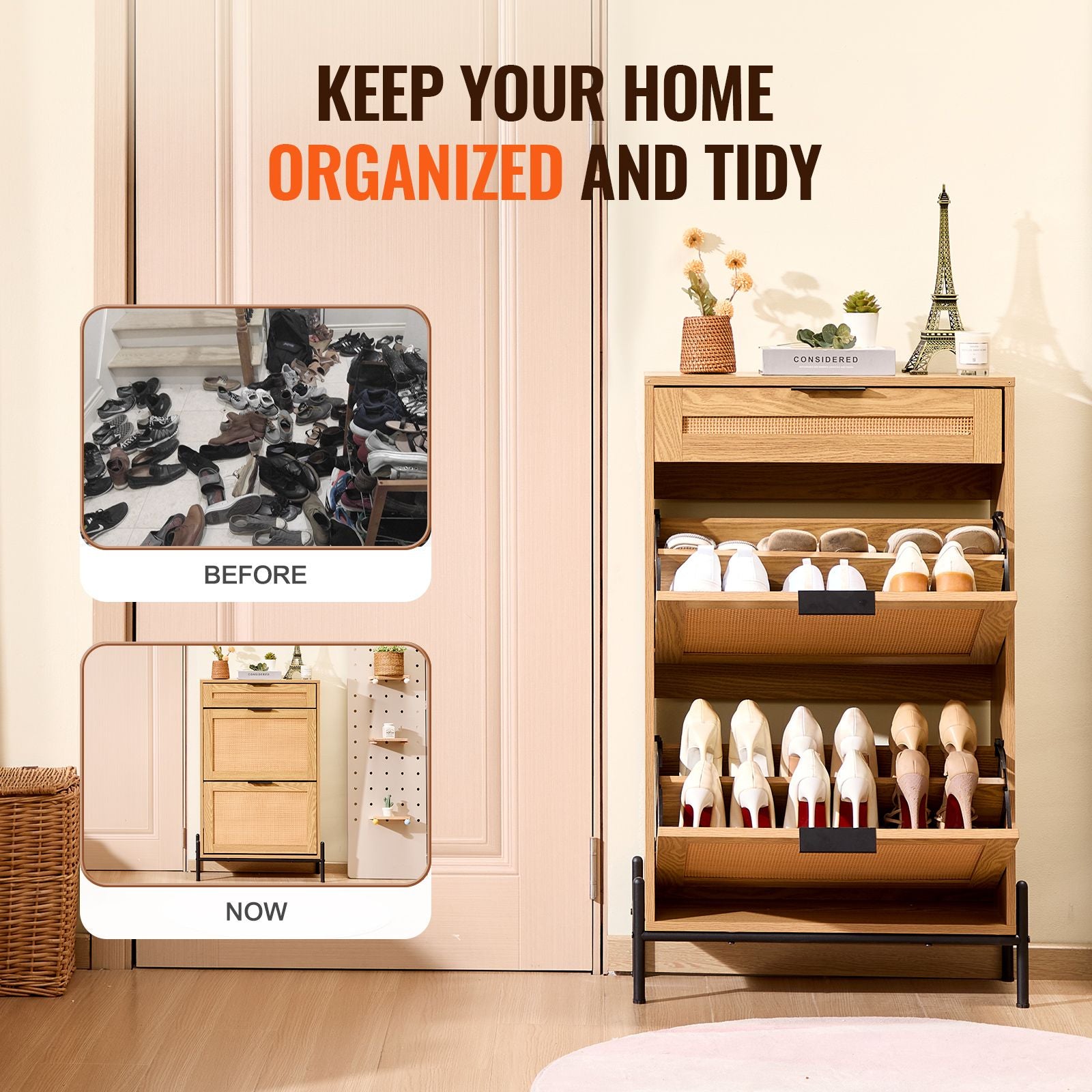 Rattan Shoe Cabinet with Flip Drawers – Slim Storage for Entryway