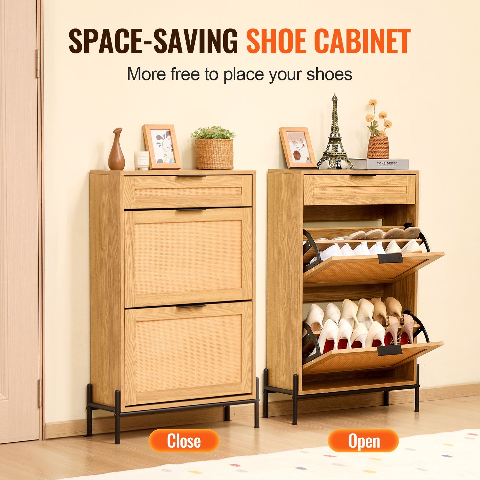 Rattan Shoe Cabinet with Flip Drawers – Slim Storage for Entryway