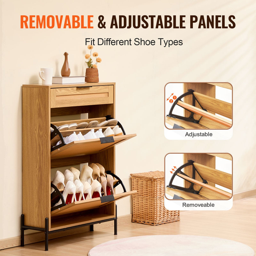 Rattan Shoe Cabinet with Flip Drawers – Slim Storage for Entryway