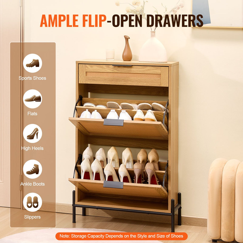 Rattan Shoe Cabinet with Flip Drawers – Slim Storage for Entryway