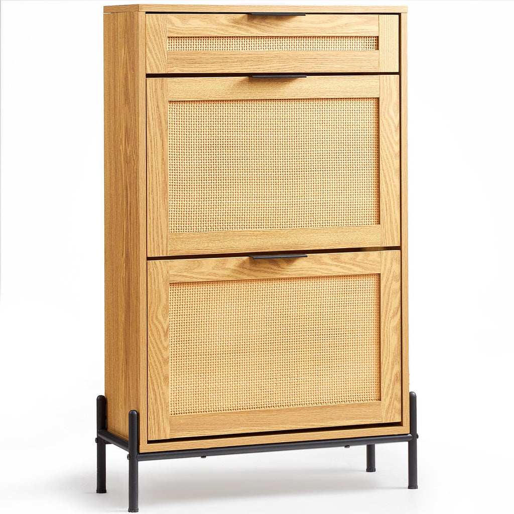 Rattan Shoe Cabinet with Flip Drawers – Slim Storage for Entryway