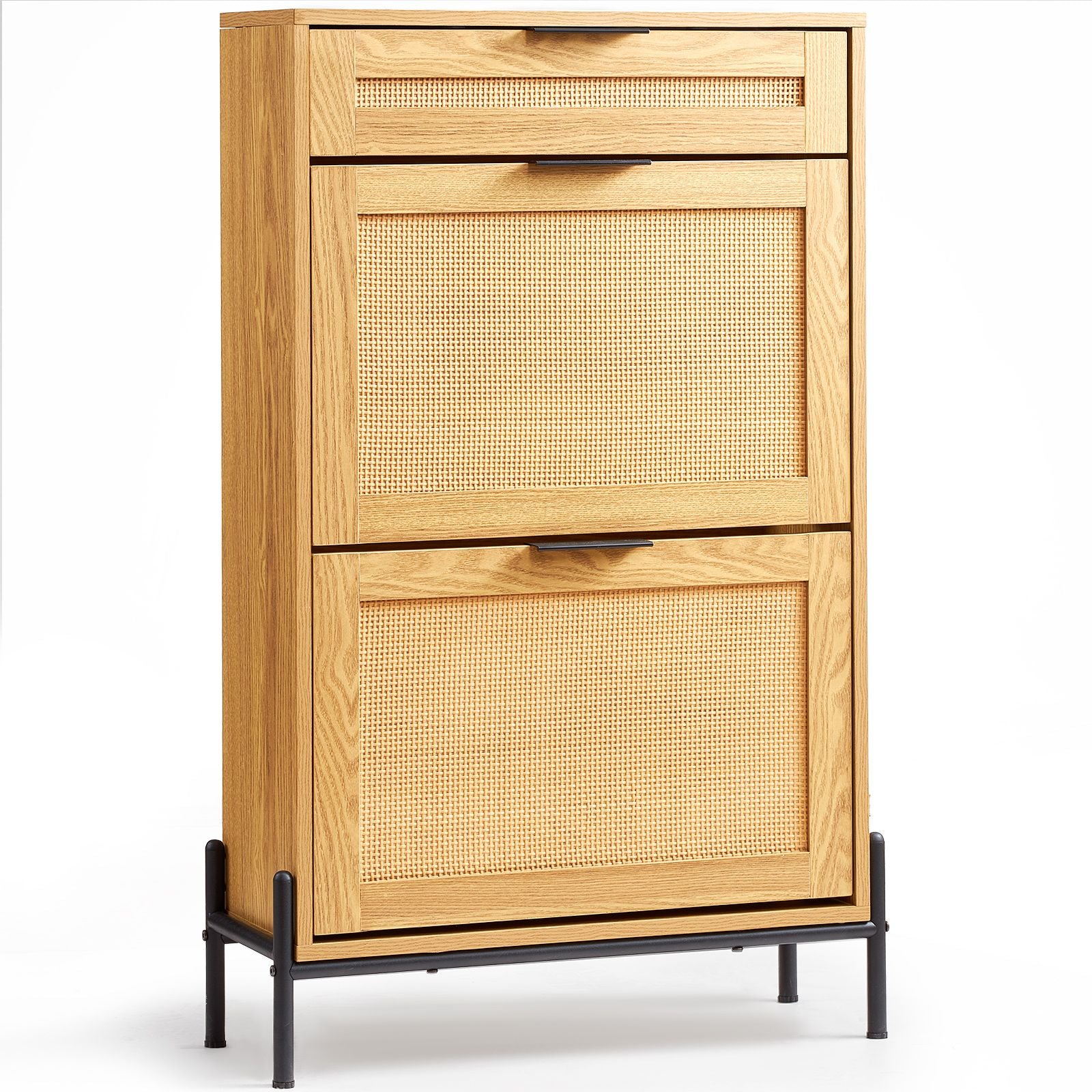 Rattan Shoe Cabinet with Flip Drawers – Slim Storage for Entryway