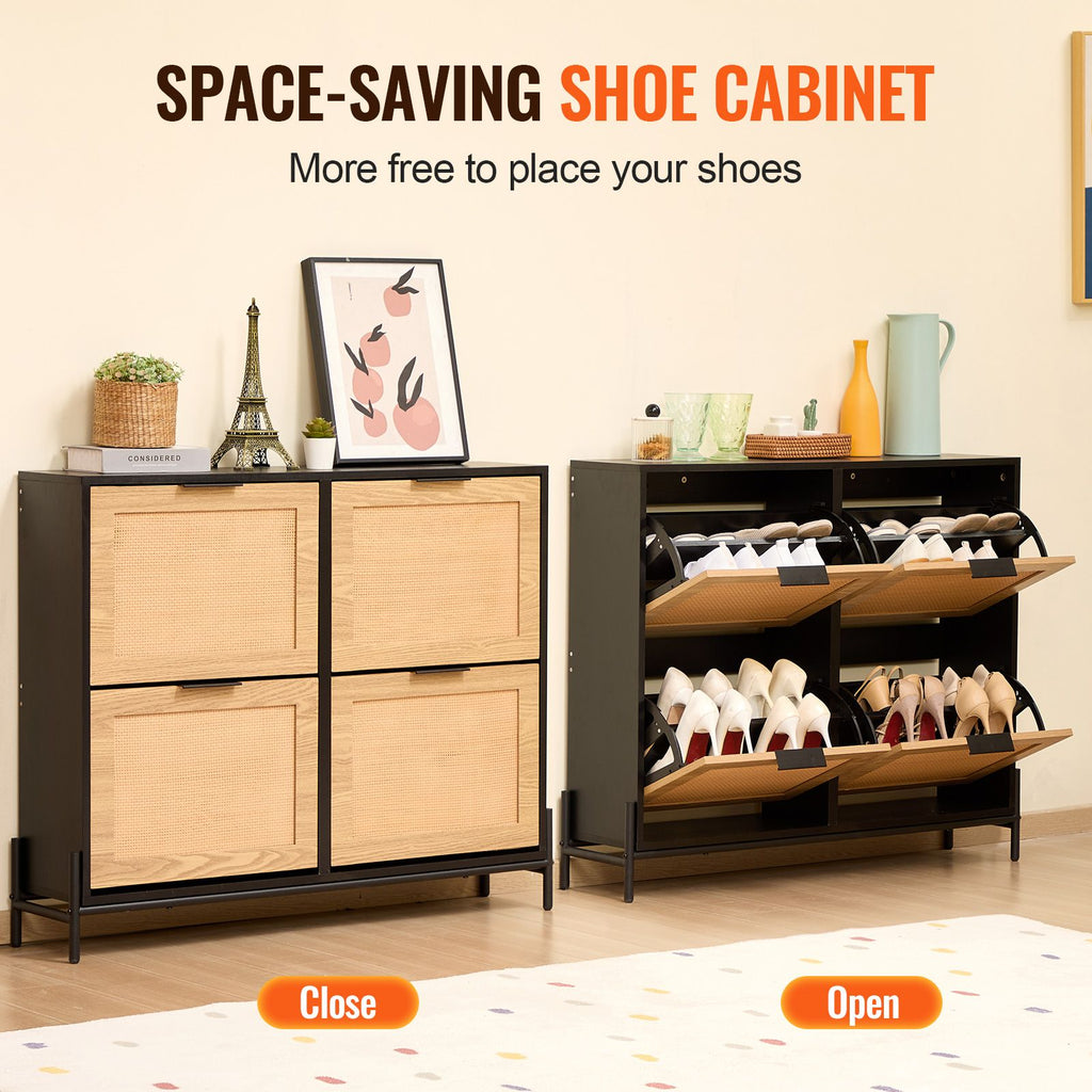Rattan Shoe Cabinet with 4 Flip Drawers – Slim Entryway Storage
