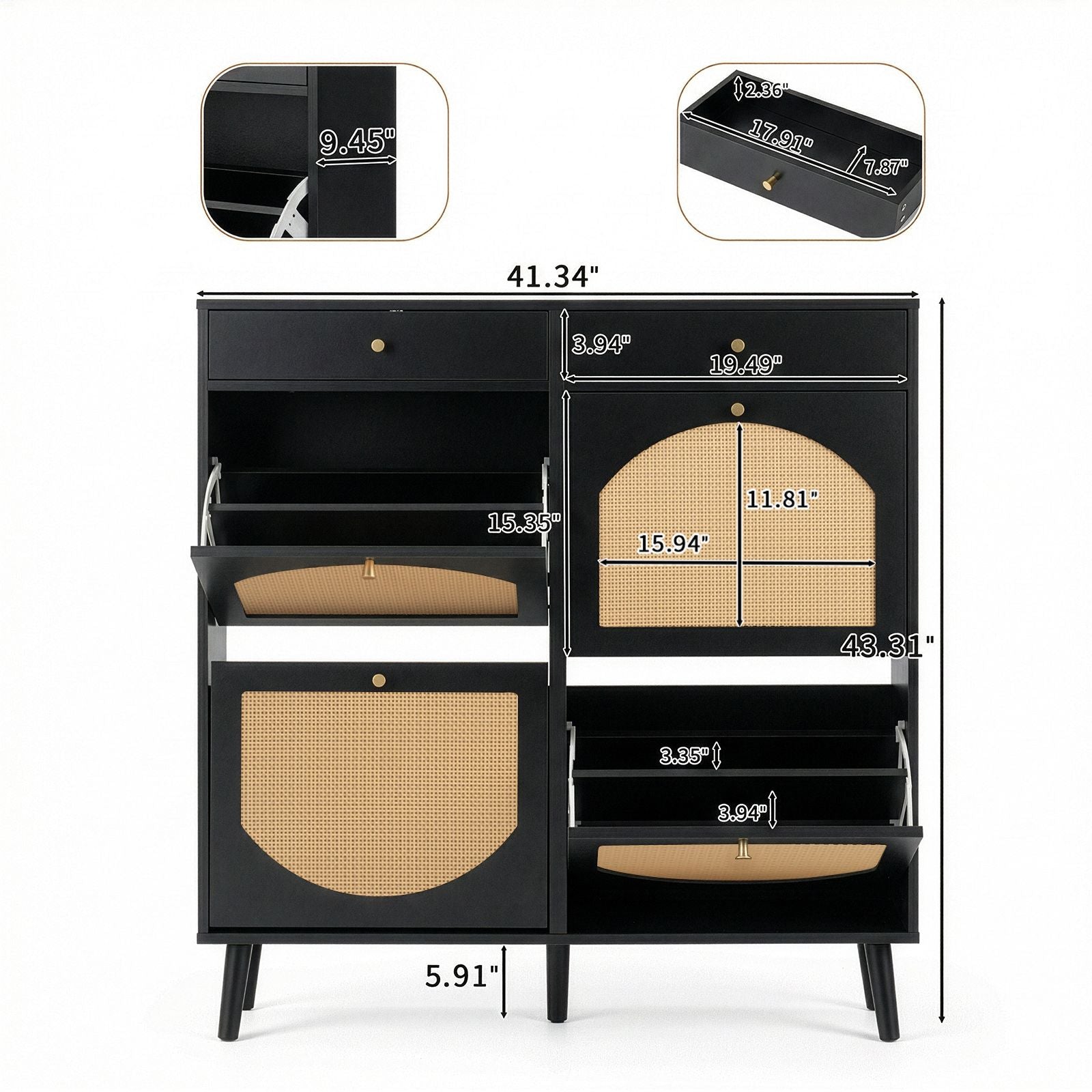 Black Shoe Cabinet with Drawers and Flip Compartments