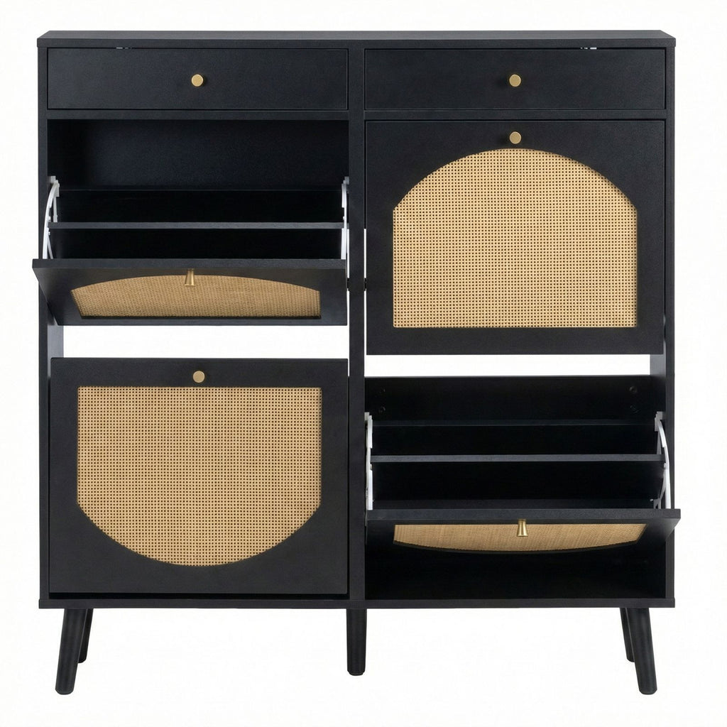 Black Shoe Cabinet with Drawers and Flip Compartments