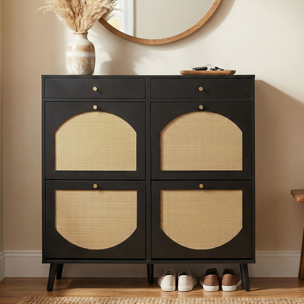 Black Shoe Cabinet with Drawers and Flip Compartments