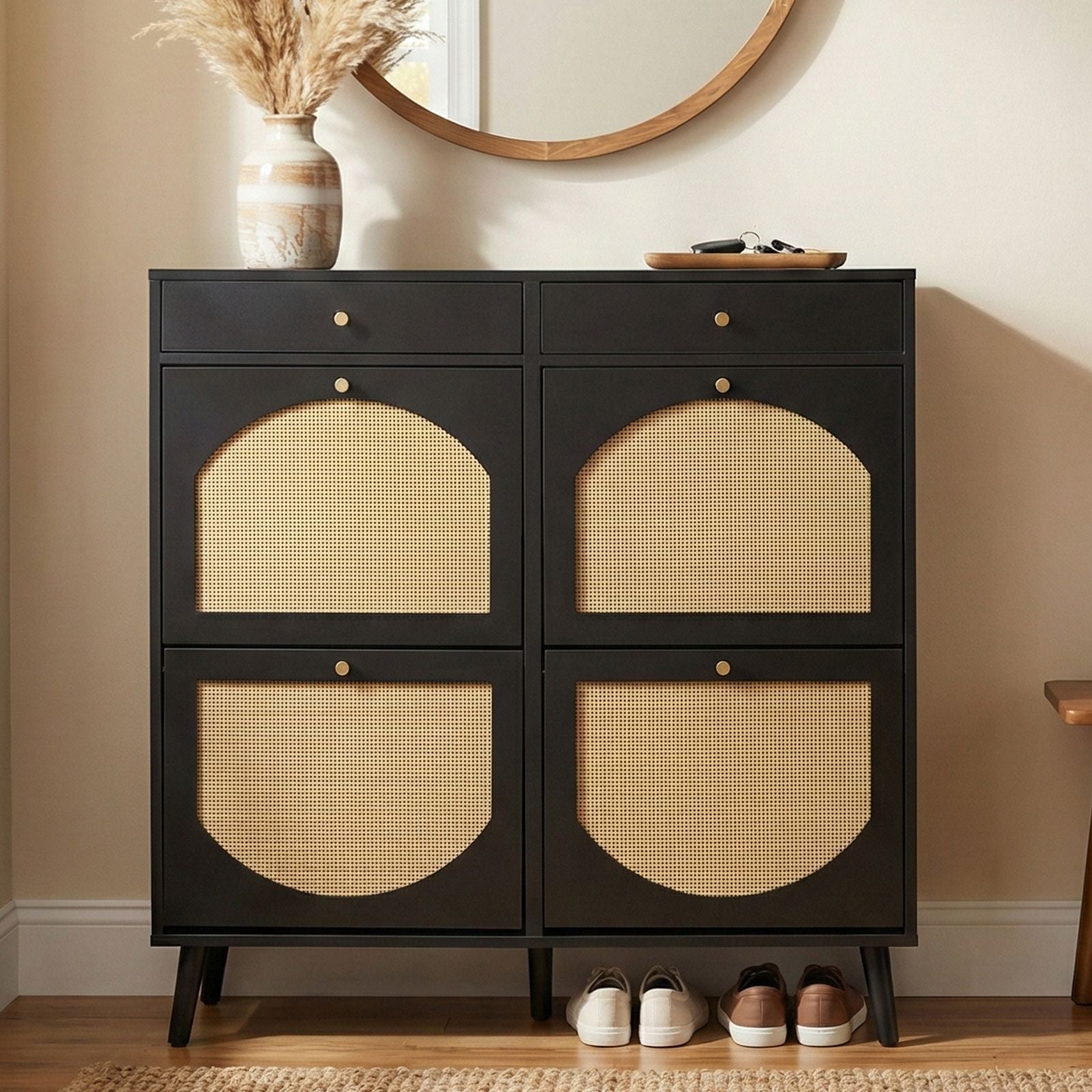 Black Shoe Cabinet with Drawers and Flip Compartments